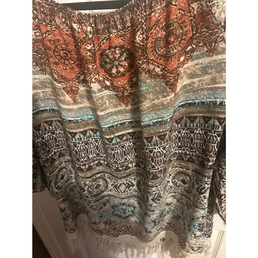 Ali Miles Boho Printed Fringe-Hem Peasant Top in Multicolor 1x - Picture 9 of 9